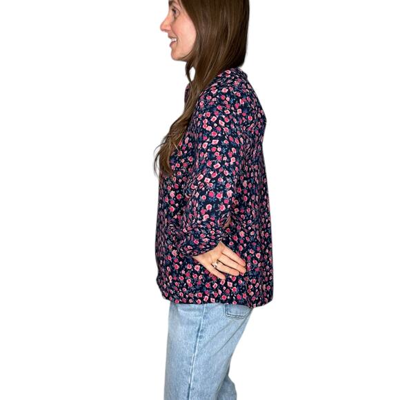 J CREW Blue Pink Floral Pattern Open Neck Popover Blouse Women's Size Medium - Picture 3 of 7